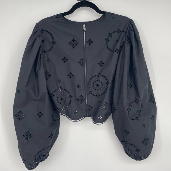 Ganni Broderie Anglaise Cropped Balloon Sleeve Top Black Summer Eyelet Lace - Picture 9 of 14